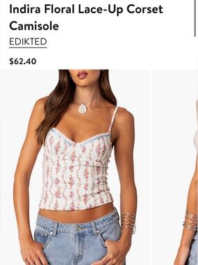 Edikted White Floral Lace-Trim Corset Cami with Pink Flowers and Blue Trim